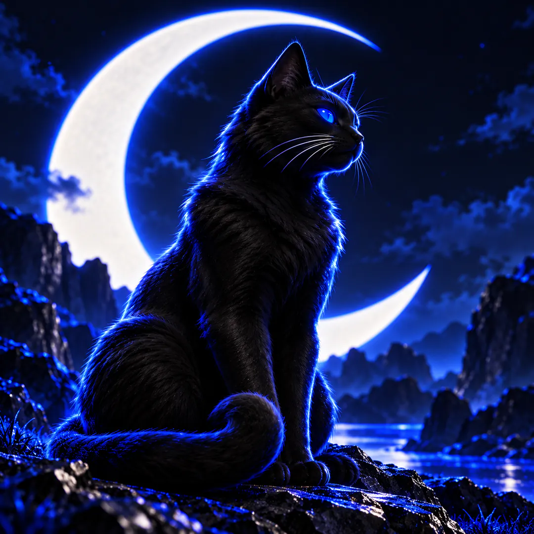 A black cat sits on dark rocks by a blue river, a crescent moon behind it.